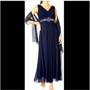 Sleeveless event gown prom navy blue dress rhinestones waist and scarf size 6